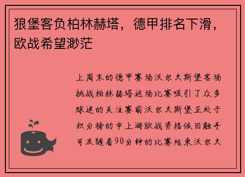 狼堡客负柏林赫塔，德甲排名下滑，欧战希望渺茫