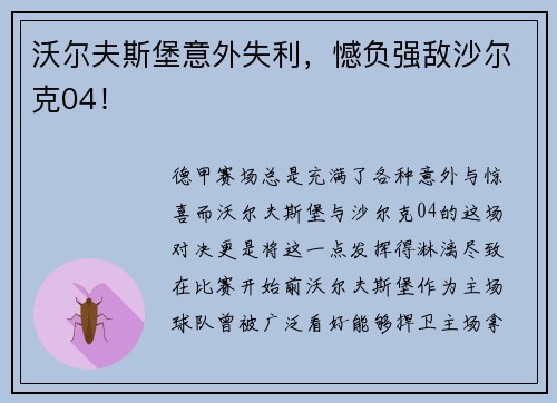 沃尔夫斯堡意外失利，憾负强敌沙尔克04！