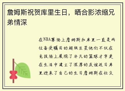 詹姆斯祝贺库里生日，晒合影浓缩兄弟情深